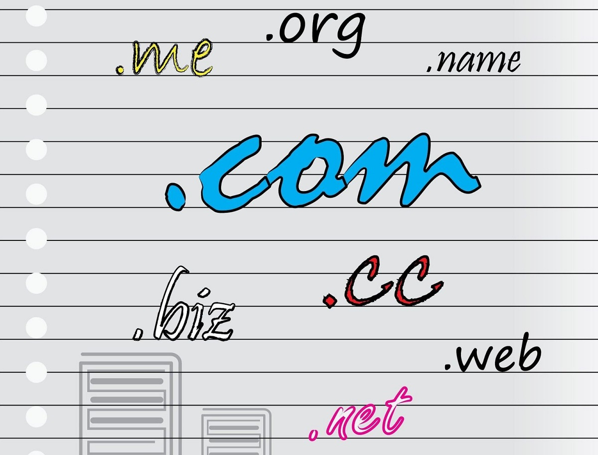 A handwritten illustration on lined paper showing various domain extensions including .com, .me, .org, .cc, .net, and .web, showcasing options for brandable domain names.