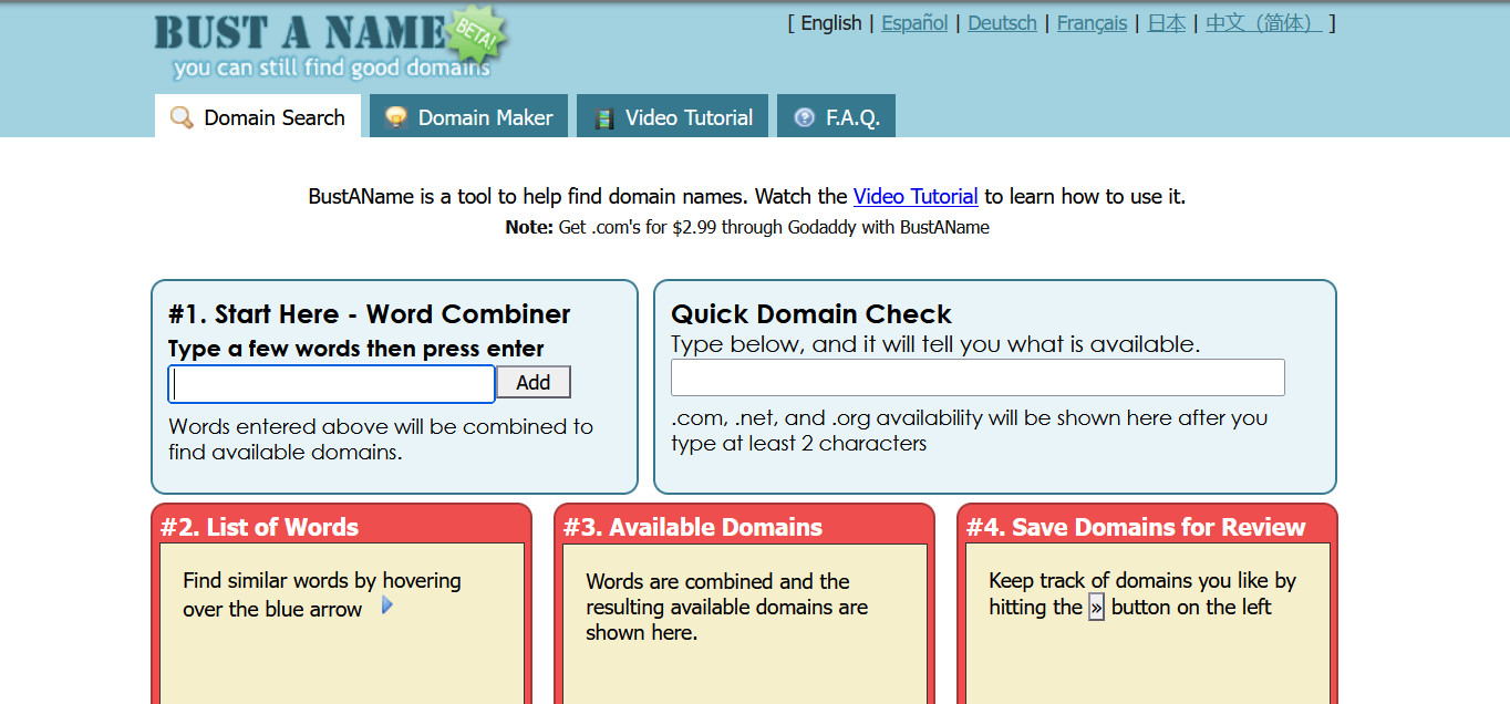 The Bust A Name interface featuring the Word Combiner tool and Quick Domain Check to find brandable domain name ideas.