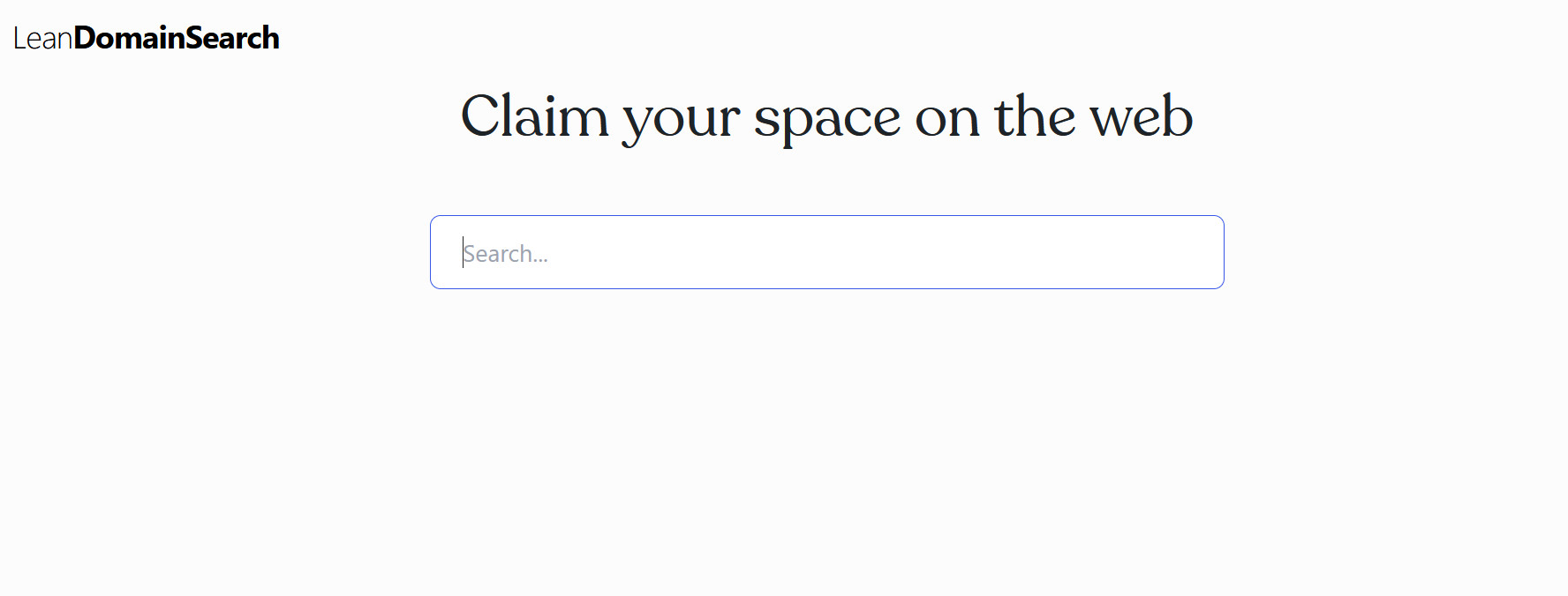 Lean Domain Search website interface featuring a search bar to claim your space on the web by generating brandable domain name ideas.