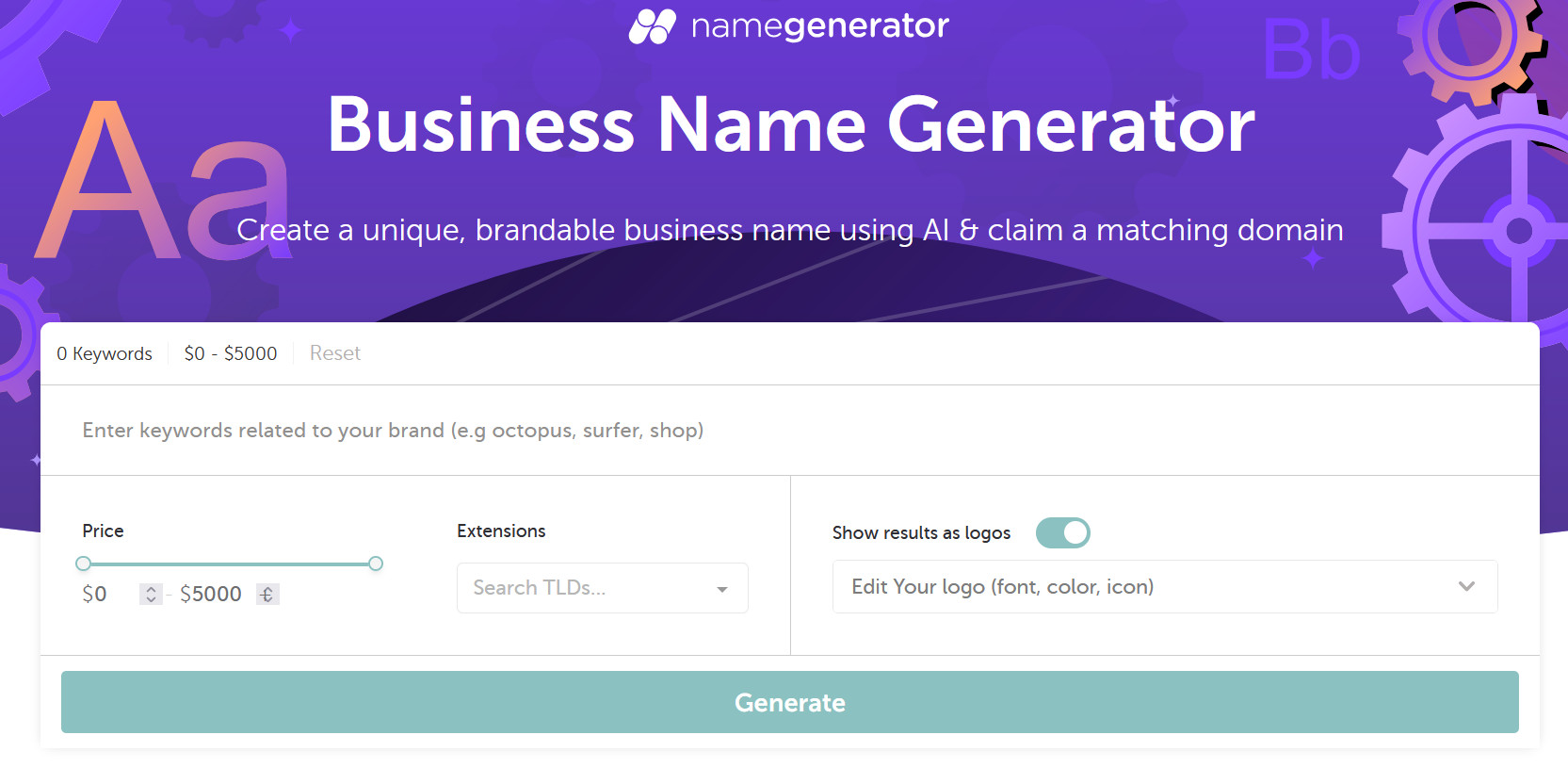 Namecheap's Beast Mode search interface, a powerful brandable domain name generator used for bulk searching and creative domain hacks.