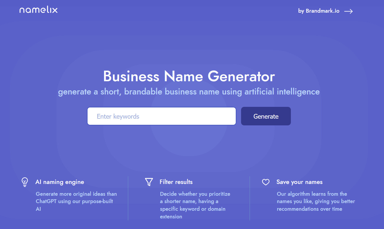 The Namelix homepage interface, a brandable domain name generator that uses artificial intelligence to create short, catchy business names based on keywords.