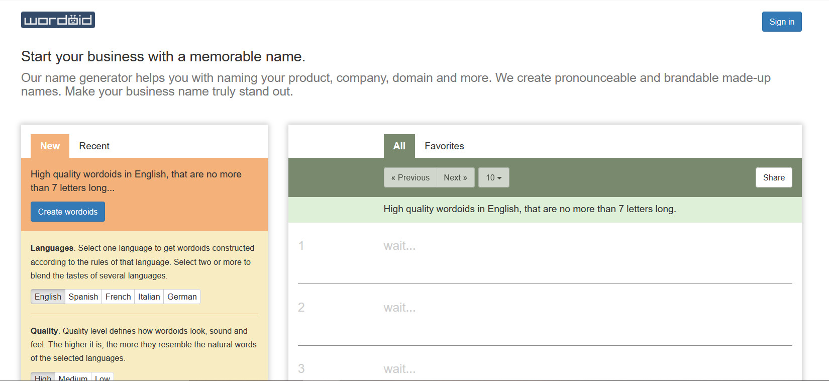 The Wordoid interface showing options to create pronounceable made-up names in multiple languages for brandable domain names.